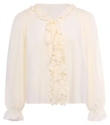 Produktbild von Damen Bluse weiss mit Rüschenkragen und Bindedetail sowie Bischofsärmeln
