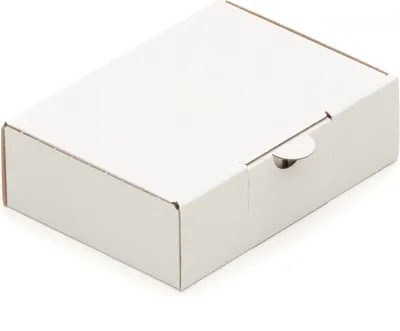 A white cardboard box is shown from a slightly elevated angle against a white background.