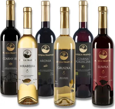 Produktbild von Premium-Weinpaket - 6 x 750 ml - trocken Aroniawein, Birnenwein; halbtrocken Holunderwein; süß Mirabellenwein, Plumenwine, Johannisbeerwein