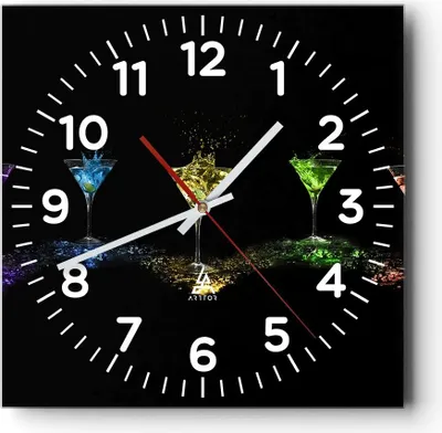 Produktbild von Wanduhr - Quadrat - Glasuhr - Cocktail trinken Alkohol Glas - 40x40cm - Schleichendes Uhrwerk - Lautlos - zum Aufhängen bereit - Dekoration Modern - Wanddekoration aus Glas - C4AC40x40-0442