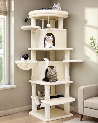 Imagen del producto de Árbol para gatos con 2 postes de madera, plataforma, hamaca y zona de descanso - Color beige