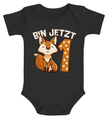 Produktbild von Baby T-Shirt 1. Geburtstag Fuchs Bin jetzt 1 Tiermotive Fox Geburtstagsshirt Jungen Mädchen Baumwolle MoonWorks® schwarz 0-3 Monate