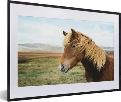 Produktbild von MuchoWow® Gerahmtes Poster Pferd - Natur - Island 60x40 cm - Poster mit Schwarzem Bilderrahmen Wandposter Rahmen Foto Bilder - Schlafzimmer - Plakat in Rahmen - Drucken