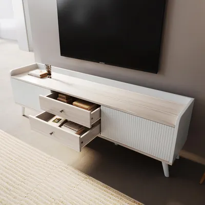 Image de MODFU Meuble TV Contemporain à Portes Coulissantes et 2 Tiroirs - Meuble Bas Fonctionnel pour Salon - Structure en Panneaux de Particules, Blanc