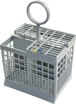 A gray dishwasher cutlery basket with a handle is shown against a white background.