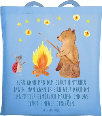 Produktbild von Mr. & Mrs. Panda dokumententasche Bär & Marienkäfer Lagerfeuer - Sky Blue - Geschenk, Beutel, Tasche, Tote Bag, Jutebeutel, Laptoptasche, Teddy, Stoffbeutel