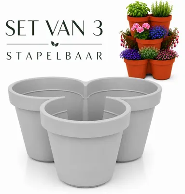 Obrázek produktu pro Benza – Sada stohovatelných květináčů (3 kusů) – průměr 44 cm, výška 20 cm – 9 úložných prostor pro rostliny – světle šedá barva – 90 % recyklovaný materiál