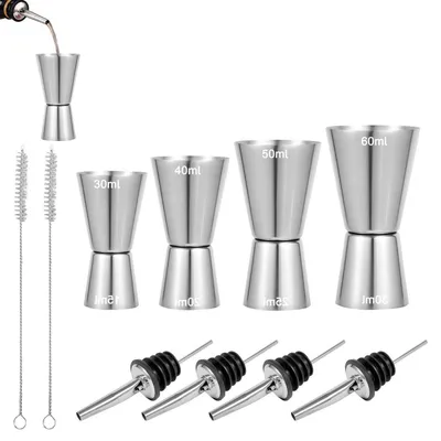 Produktbild von Cocktail Messbecher Set Edelstahl Doppelmaß Jigger 3/4/5/6 cl 4er Set mit Ausgießern und Bürsten