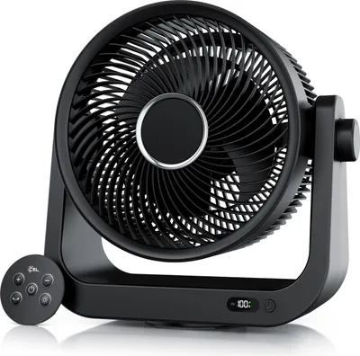 Produktbild von CSL Tischventilator, Mini Ventilator, leiser DC Motor, USB, 10 Geschwindigkeitsstufen, Oszillation, Timer, kabellos, Fernbedienung, 29,6Wh Li-Ion Akku, Display, bis zu 12h Laufzeit, schwarz matt