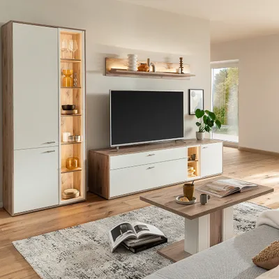 Produktbild von Wohnwand in Eiche und weiß modern mit Couchtisch & LED-Beleuchtung, 4-teilig - SAGUNTO-05