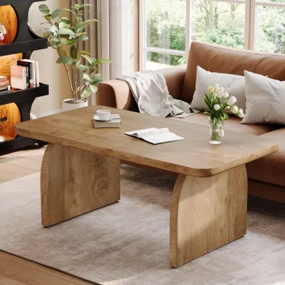 Produktbild von Tribesigns Couchtisch, 120 cm großer rechteckiger Wohnzimmertisch aus Holz, Beistelltisch im Landhausstil mit stabilem Fuß und abgerundeten Ecken
