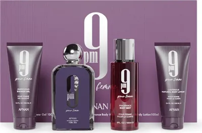 Obrázek produktu pro Afnan 9pm Pour Femme set Edp 100ml + sprchový gel 100ml + tělová mlha 150ml + tělové mléko 100ml