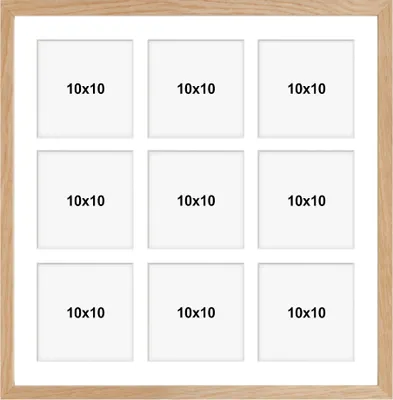 A collage of nine empty photo frames arranged in a 3x3 grid, each labeled '10x10'. The frames are set against a white background and enclosed within a light brown wooden frame.