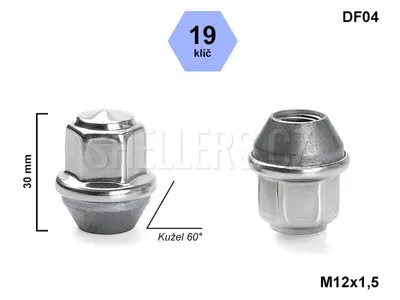 Obrázek produktu pro Kolová matice M12x1,5 kužel, klíč 19, DF04 uzavřená, FORD nerezová krytka, výška 30