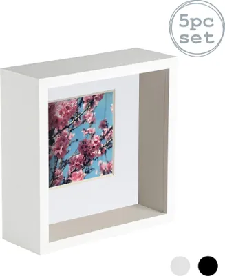 Produktbild von Nicola Spring 5 Stück 8 x 8 3D-Schatten-Tief Box Photo Frame Set - Craft Anzeigen Bilderrahmen mit 4 x 4-Halterung - Weiß