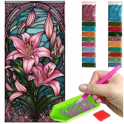 Zdjęcie produktu dla Haft diamentowy ARTULIO - Kwiaty lilii w witrażu - 80 × 40 cm - Diamond painting, Kompletny zestaw: mozaika + akcesoria