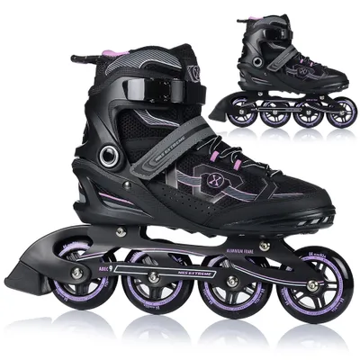 A pair of black and purple inline skates are shown against a white background. A second, smaller image of a single skate is in the background.