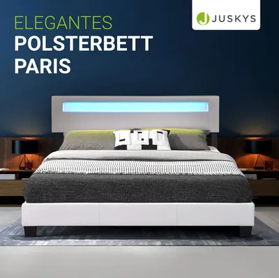 Produktbild von Juskys Polsterbett Paris 180 x 200 cm Kunstleder mit LED & Lattenrost - Weiß