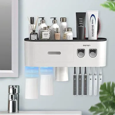 Produktbild von Zahnbürstenhalter, wandmontierbarer Zahnbürstenhalter mit doppeltem automatischem Zahnpasta-Dispensator für Kinder und Erwachsene, 6 Bürstenhalter, 3 magnetische Köpfe, schwarz