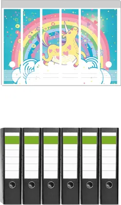 Produktbild von Wallario 6 Stück breite Ordner inkl. Klebeetiketten mit Motive Lustiges Einhorn auf einer Wolke vor Regenbogen -  Set mit Rückenschildern / Ordnerrücken Stickern