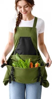 Imagen del producto de Delantales de jardinería para mujer, con una gran bolsa de lona para cosechas, con cintas cruzadas, de color verde, ideales para trabajos de jardinería