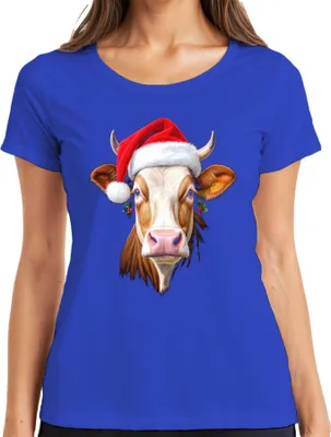 Produktbild von Weihnachtskuh Nikolausmütze Bauernhof Geschenk niedlich lustig Damen T-Shirt, Blau, M
