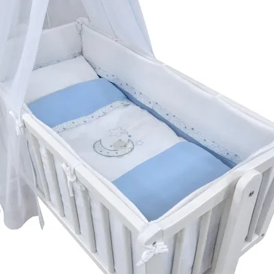 Produktbild von Baby-Delux Wiegenset Bettwäsche Set 6-tlg Musselin für Babywiege Teddy Mond Blau (ohne Wiege)