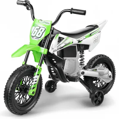 Image de Moto électrique pour enfants 12V vert, jusqu'à 5km/h, 2x30W, avec roues d'appui et musique Bluetooth - Véhicule électrique pour enfants