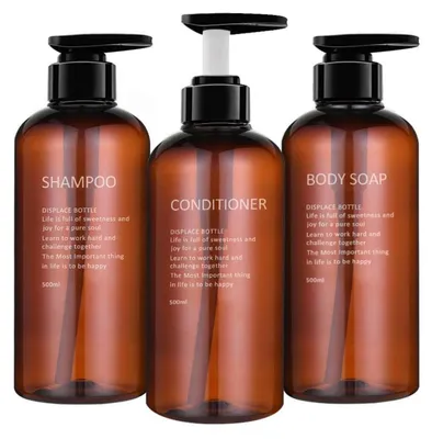 Image de Lot de 3 flacons rechargeables avec distributeur pompe, capacité 500 ml, couleur marron