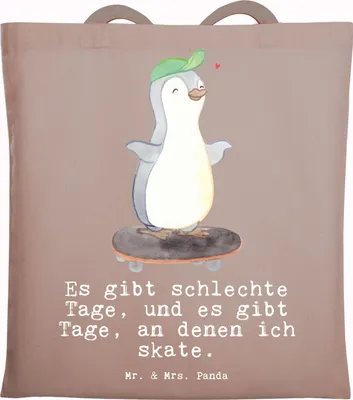 Produktbild von Mr. & Mrs. Panda Beutel Pinguin Skateboarden - Braun Pastell - Geschenk, Schultasche, Skateboard fahren, Skateplatz, Einkaufstasche, Laptoptasche, Tote Bag, Skaten