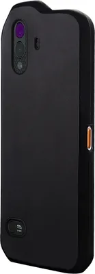 A black phone case is shown from a diagonal angle.