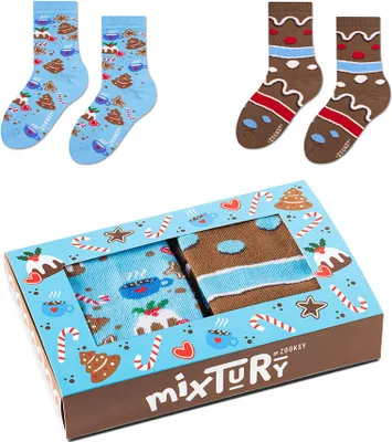 Produktbild von Weihnachtssocken Set mit Lebkuchen und Schokolade 30-35, Kindersocken als Weihnachtsgeschenk