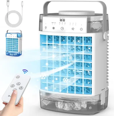 Obrázok produktu pre Prenosný ventilátor s funkciou klimatizácie 4 v 1 s diaľkovým ovládaním, mini odparovací chladič vzduchu s USB napájaním a rukoväťou, časovačom a 7 farebnými svetlami, 2 režimy rozprašovania, sivá farba