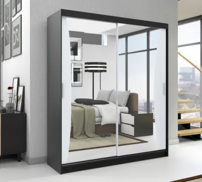 Produktbild von Schwebetürenschrank, 2-türig Schrank mit Spiegel! Moderne Garderobe für Kleidung. Verschiedene Farben (Weiß, Schwarz, Somona) Kleiderschrank NIKO 180 cm