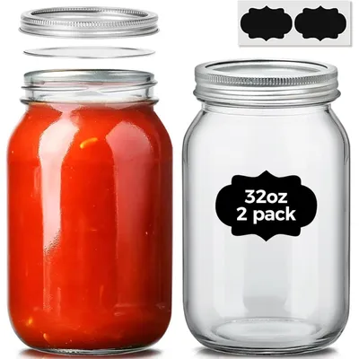 Productafbeelding van Glazen potten van 1 liter met deksel, 2 stuks, geschikt voor het n van voedingsmiddelen, jam, honing, yoghurt, augurken, overnight oats, BPA-vrij, gemaakt van borosilicaatglas