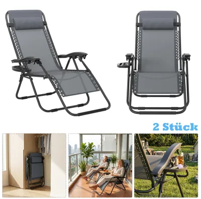 Produktbild von UISEBRT 2 Stück Hellgrau Faltbarer Liegestuhl, Strandstuhl, Relaxstuhl für Camping und Garten, max. 120kg, mit Kissen, Klappstuhl für Sonne und Entspannung, ideal für Terrasse, Pool
