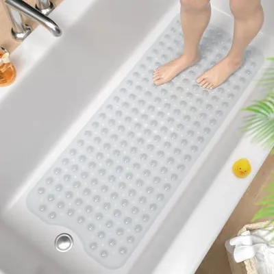 Produktbild von 2er-Set rutschfeste Badewannenmatten — 101 x 40 cm extra lange Anti-Rutsch-Matten für Badewanne & Dusche; BPA-frei, schimmelresistent und maschinenwaschbar — Transparent