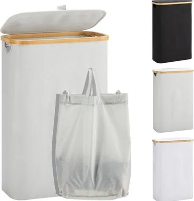 Produktbild von Famanu Wäschekorb mit Deckel - 48 Liter - schmal - faltbar - aus Holz - grau