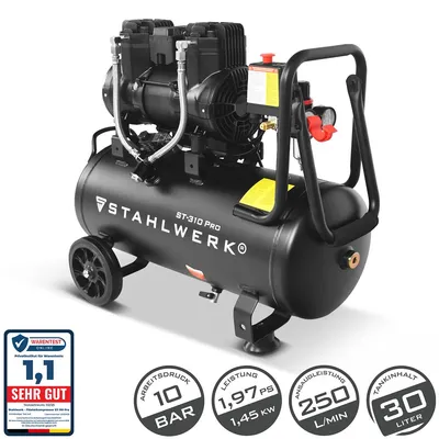 Produktbild von STAHLWERK Kompressor mit 30 L Tank (ST-310 Pro) – ölfrei & leise, 10 bar, Silent-Druckluftkompressor mit Brushless-Motoren, 1,97 PS, 1,45 kW, 250 l/min