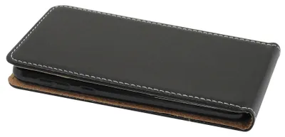 A black flip case for a smartphone is shown on a white background.