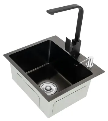 Obrázek produktu pro Kuchyňský dřez z nerezové oceli 304 – vestavný s jedním umyvadlem – včetně baterie – nano-povlak pro snadné čištění – s jedním otvorem – prostorově úsporný design – černý