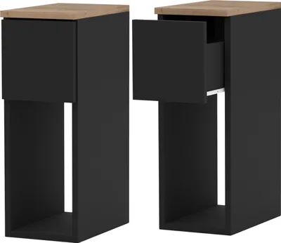 Two identical black nightstands with wooden tops are shown against a white background. One nightstand has its drawer open, revealing the interior.