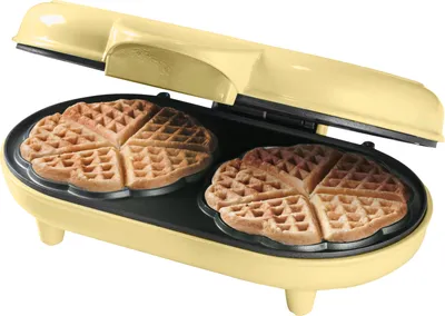 Produktbild von Bestron Doppel-Waffeleisen für klassische Herzwaffeln, Herzwaffeleisen mit Backampel & Antihaftbeschichtung, für Ostern & Weihnachten, Farbe: Gelb
