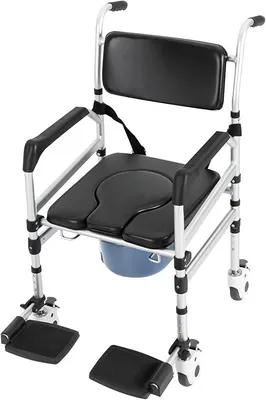 Produktbild von Duschstuhl mit Rollen Klappbar, Fahrbarer Toilettenstuhl Höhenverstellbar, WC-Stuhl mit Herausnehmbarem Eimer, Armlehnen, Fußstützen, Bremsen & Sicherheitsgurt, bis 160kg für Senioren