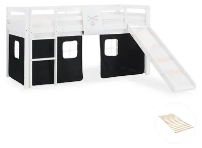 Image de Lits superposé 90x200 cm avec Toboggan Sommier à lattes Lit mezzanine en Bois Pin Massif Rideau Pirate Noir