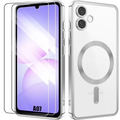 Image de Coque + 2 Verres Trempés pour Samsung Galaxy A07, Silicone Souple avec Cercle Magnétique Protection Caméra - Argenté