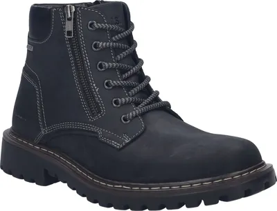 A black leather boot on a white background.