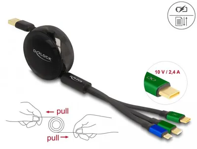 Immagine prodotto di Cavo di ricarica avvolgibile USB Delock 3 in 1 da Type-A a Micro USB / 2 x USB Type-C™