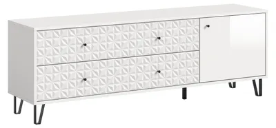 Image de Prisma meuble tV 2 tiroirs, 1 porte blanche, haute brillance blanche.