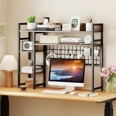 Image de Étagère de bureau avec 4 compartiments et 6 crochets, support pour écran jusqu'à 32 pouces, couleur marron